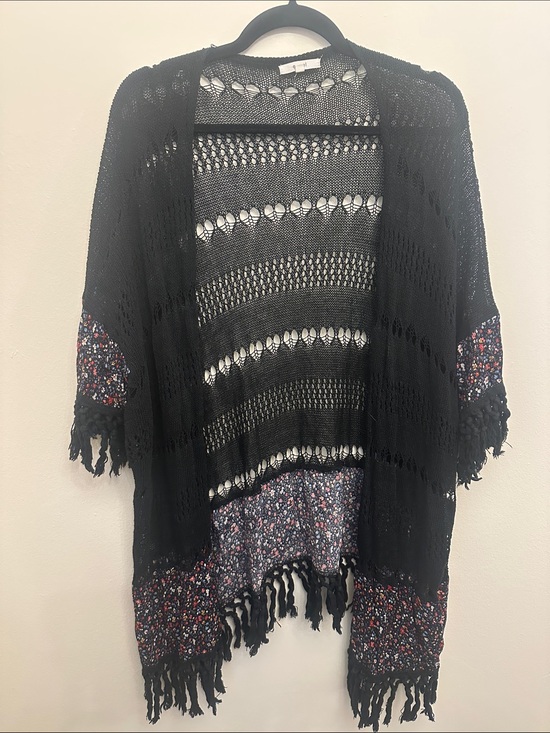 easel Sweaters - easel Black Open-Knit Fringe Tassels Cardigan with Floral Panels Sz S/M Coverup